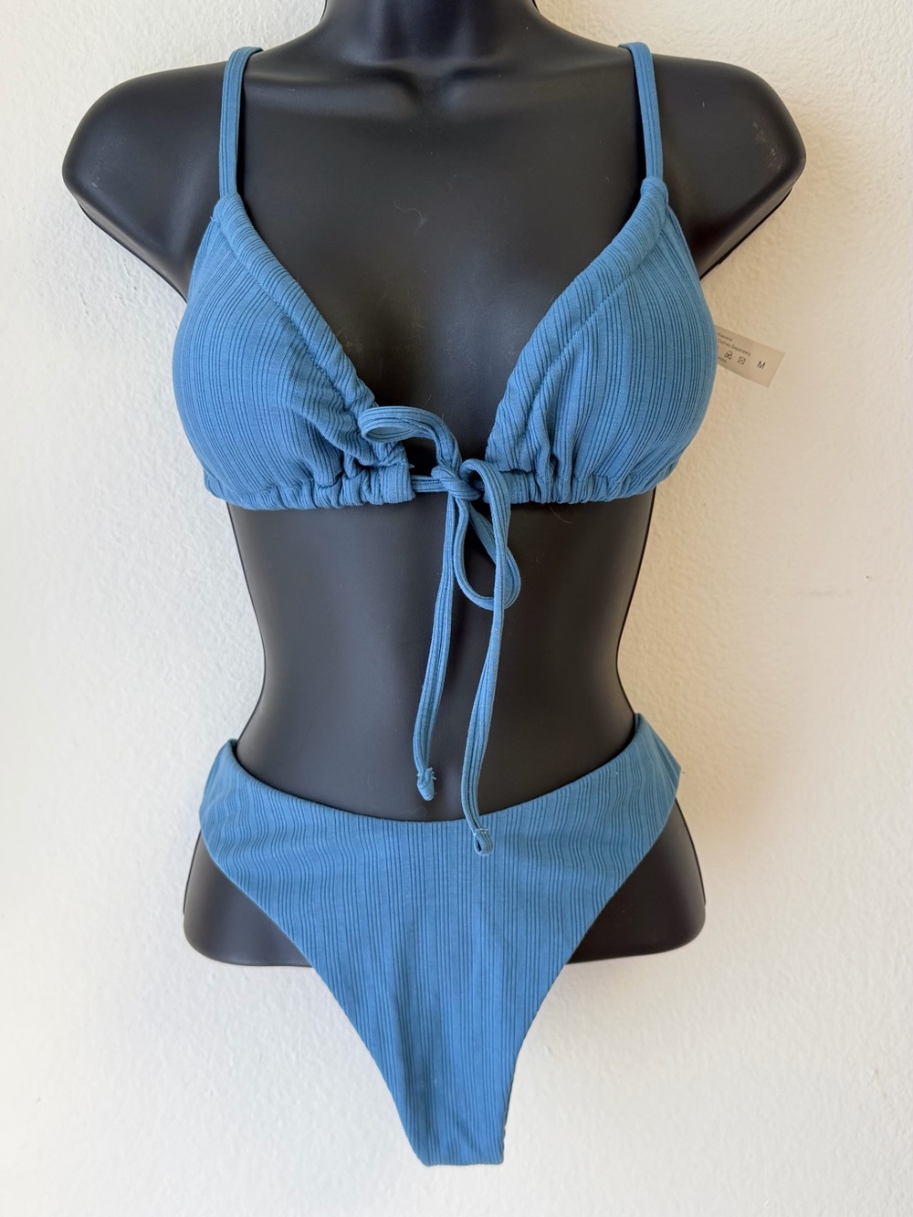 SHEIN Ribbed Slate Blue Tie-Front Triangle Bikini Set